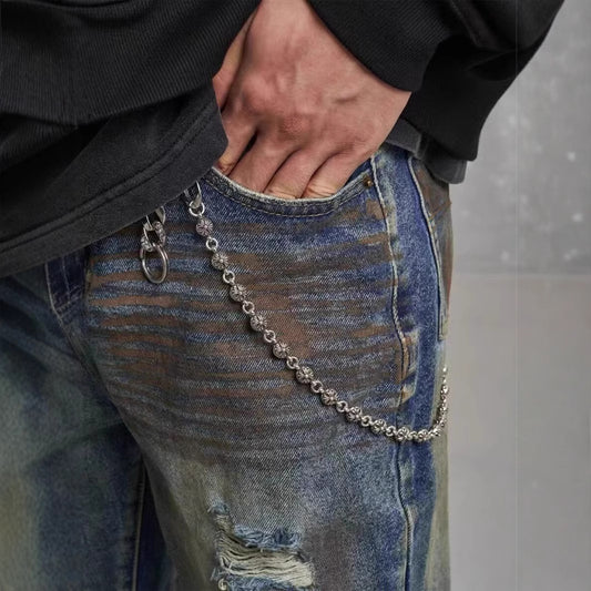 Men's Loose Straight Slim-fit Waste Soil Blue With Holes Jeans