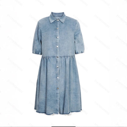 Washed Denim Lapel Loose Skirt Dress