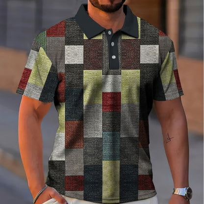 Men's Button Polo Shirt Plaid Lapel T-Shirt