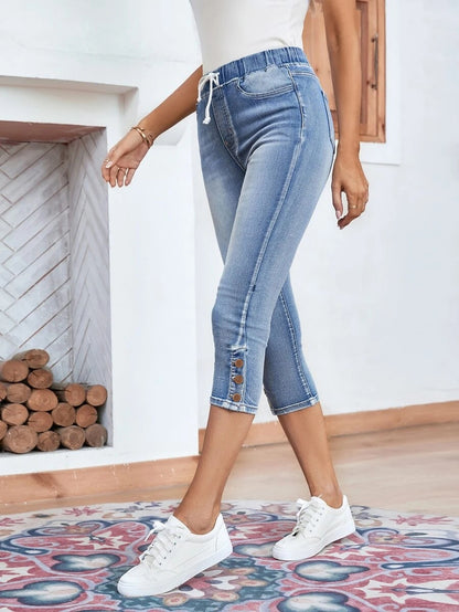 Waistband Lace-up Stretch Jeans