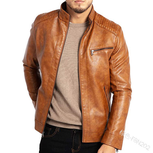Men's Polyester Stand Collar Leather Jacket