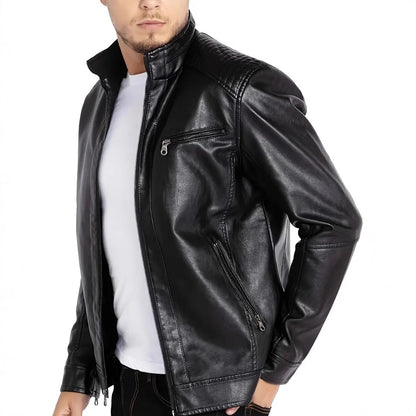 Men's Polyester Stand Collar Leather Jacket