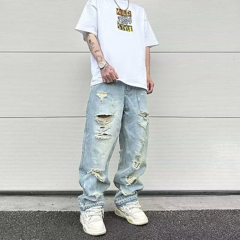 Men's Water Washed Hole Retro Street Wide Leg Jeans