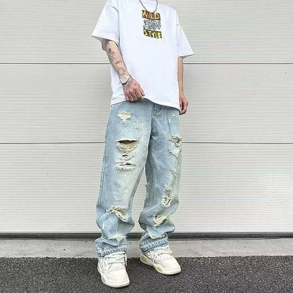 Men's Water Washed Hole Retro Street Wide Leg Jeans