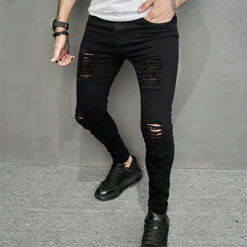 Skinny Men's Leisure Ripped Denim Feet Personality Trendy Jeans