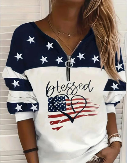 Trendy USA Flag Sweatshirt Half Zipper Sweater