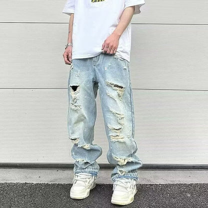 Men's Water Washed Hole Retro Street Wide Leg Jeans