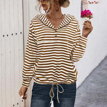 Elegant Women's Button Striped Hooded Sweater