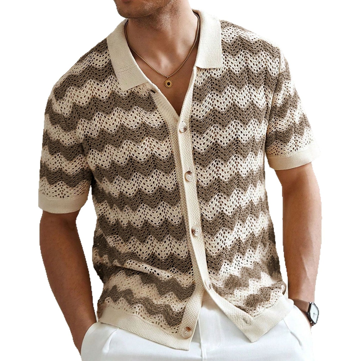 Men American-style Hollow Jacquard Corrugated Sweater