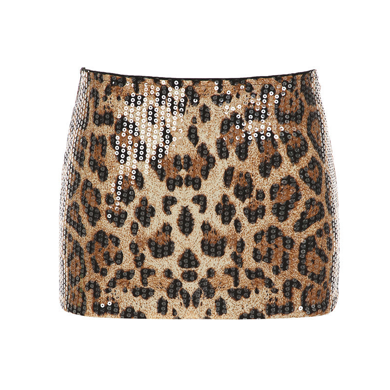 Ladie's Stretch Leopard Print Sequin Shiny Hip Skirt