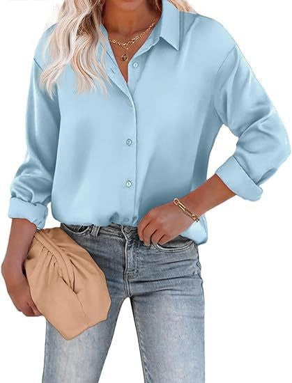 Women's Satin Top Long Sleeve Button Shirt