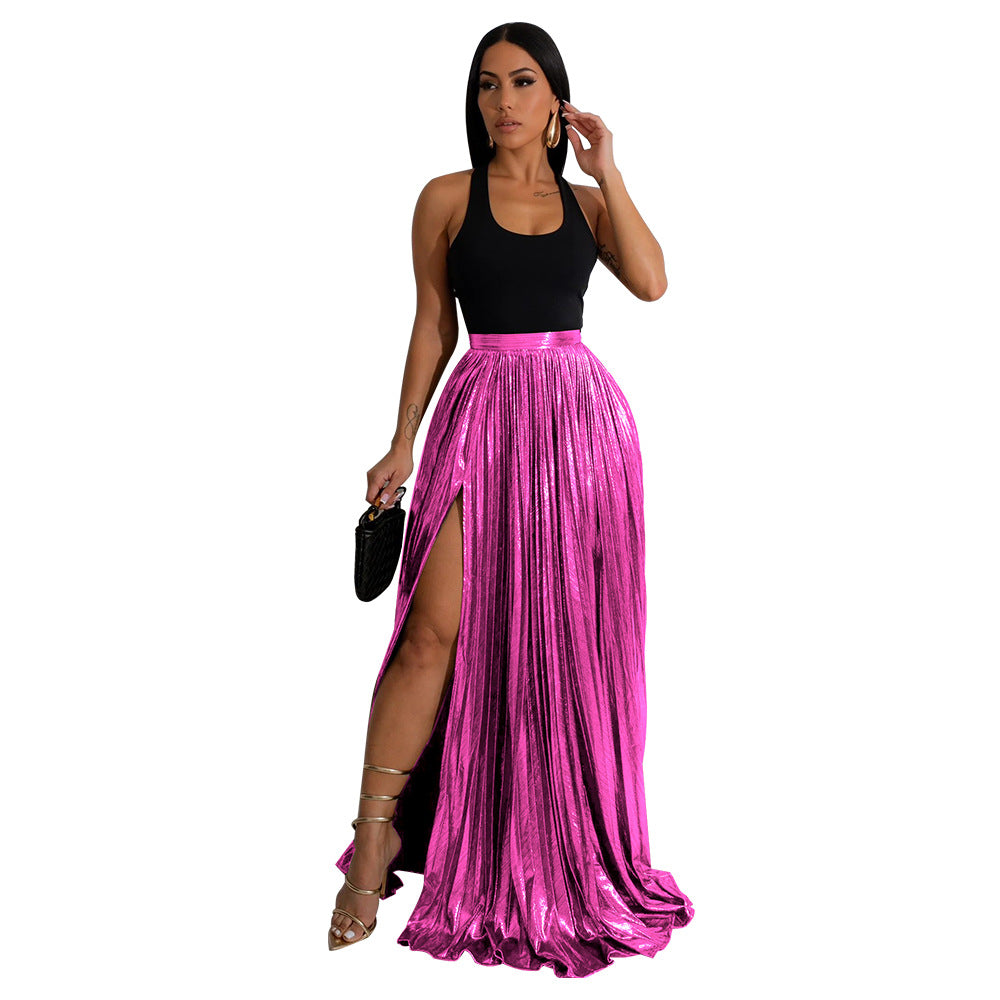 Fashionable Skirt High Waist Pleated Slit Dress