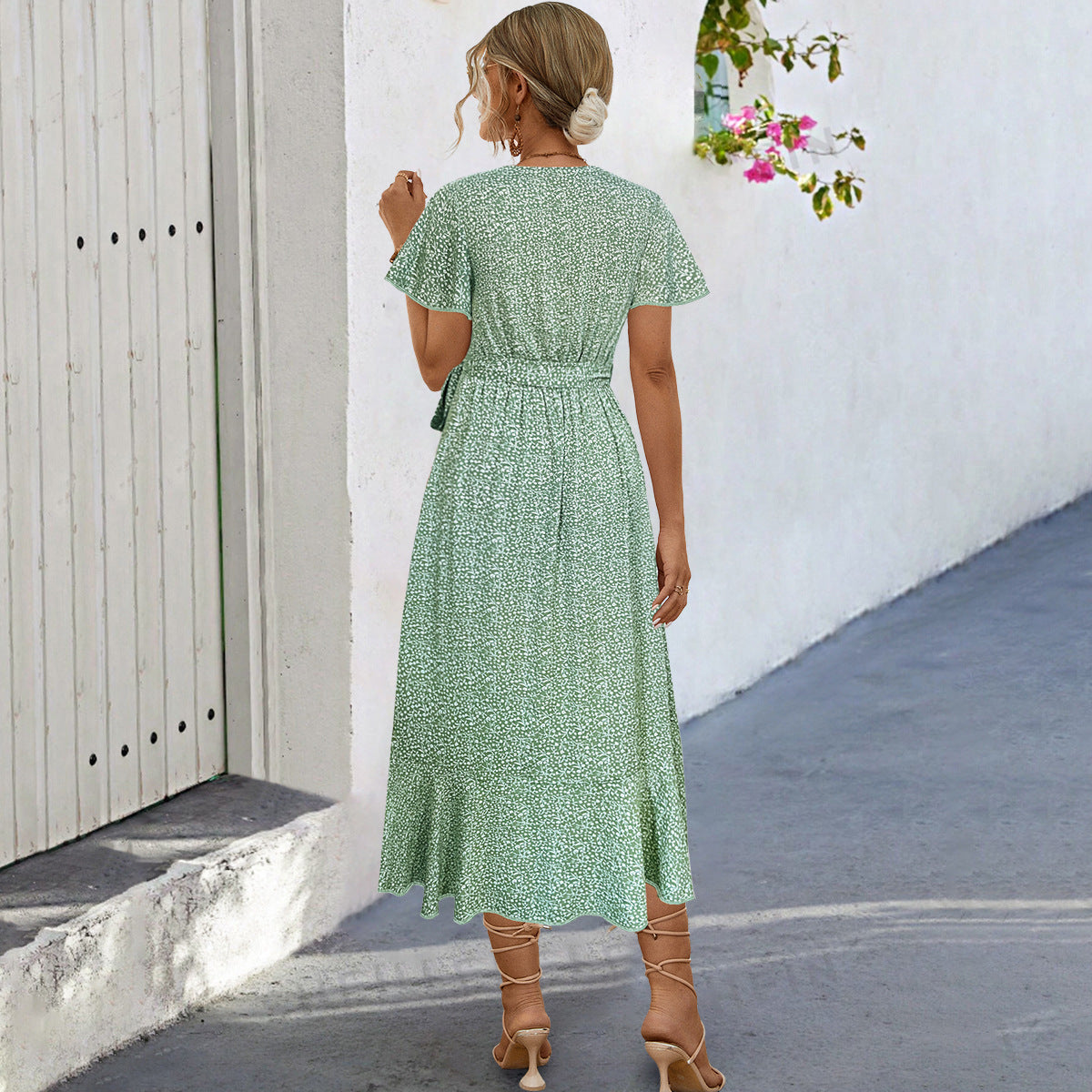 V-neck Tie-shoulder Floral Long Dress