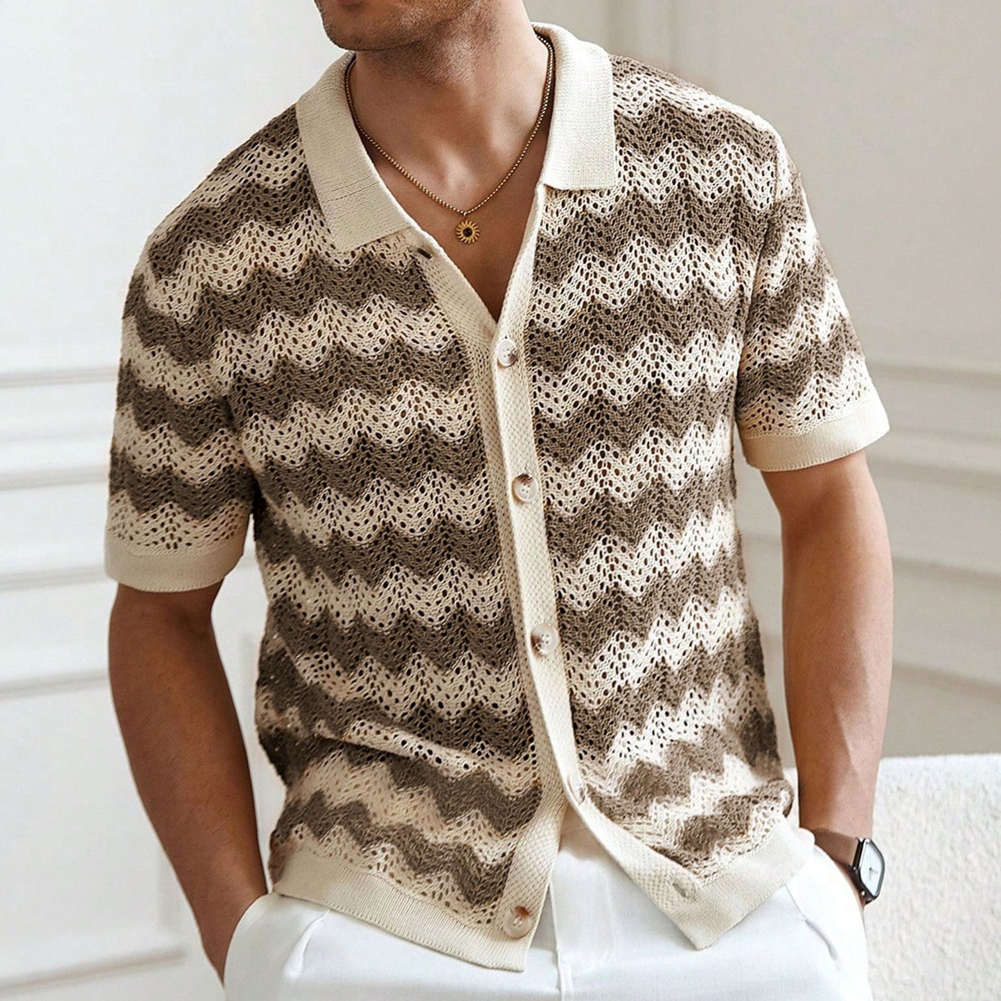Men American-style Hollow Jacquard Corrugated Sweater