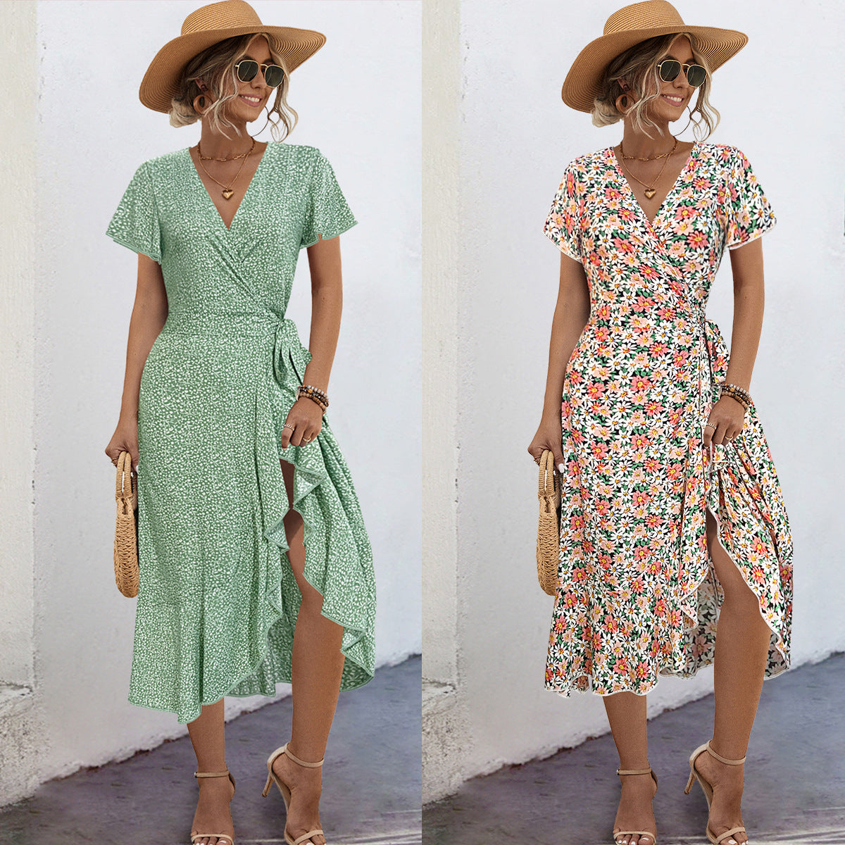 V-neck Tie-shoulder Floral Long Dress