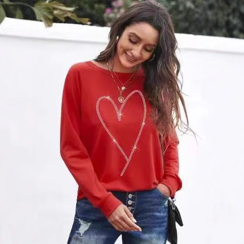 Ladie's Heart Printing Round Neck Long Sleeve Tops