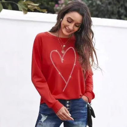 Ladie's Heart Printing Round Neck Long Sleeve Tops