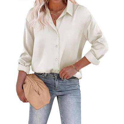 Women's Satin Top Long Sleeve Button Shirt