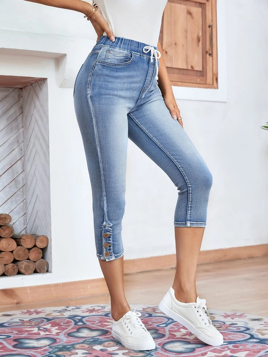 Waistband Lace-up Stretch Jeans
