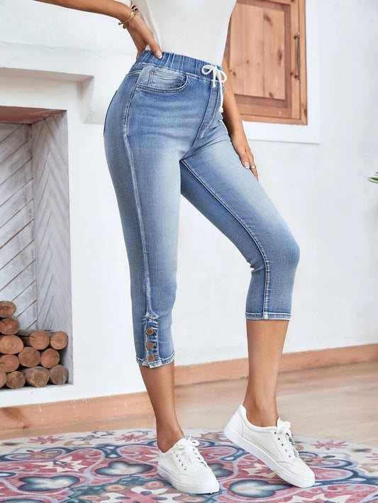 Waistband Lace-up Stretch Jeans