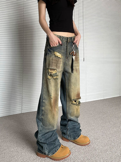 Old Ripped Jeans Loose Straight Wide Leg