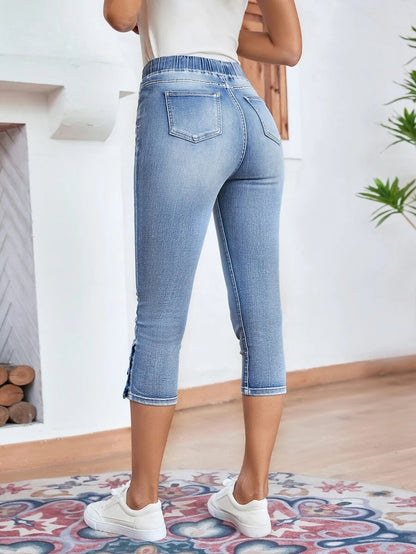 Waistband Lace-up Stretch Jeans