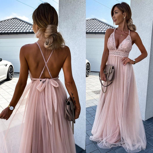 Mesh Deep V Formal Dress