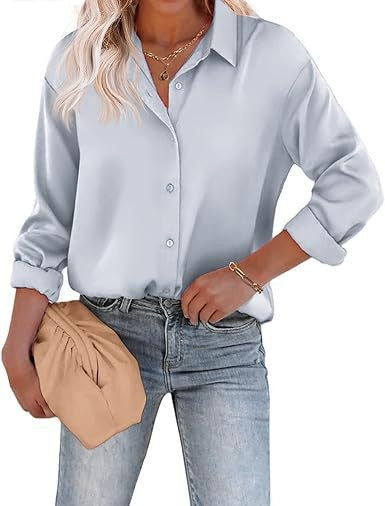 Women's Satin Top Long Sleeve Button Shirt