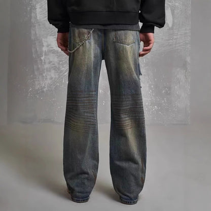 Men's Loose Straight Slim-fit Waste Soil Blue With Holes Jeans