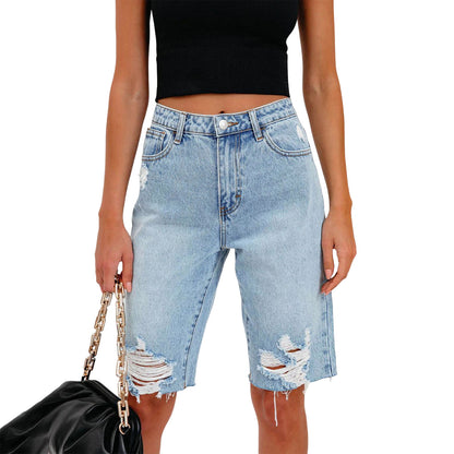 High Elastic Mid-waist Ripped Jeans