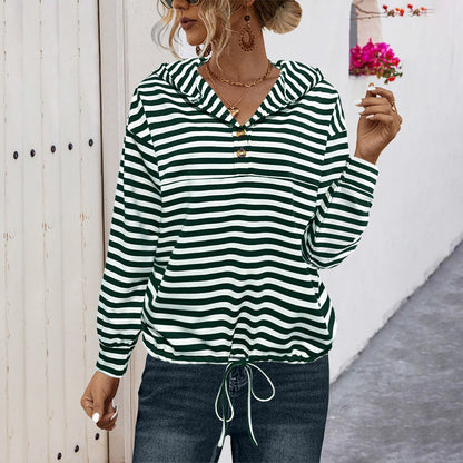 Elegant Women's Button Striped Hooded Sweater