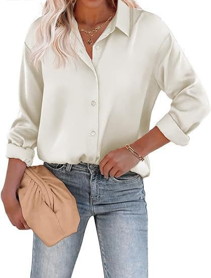 Women's Satin Top Long Sleeve Button Shirt