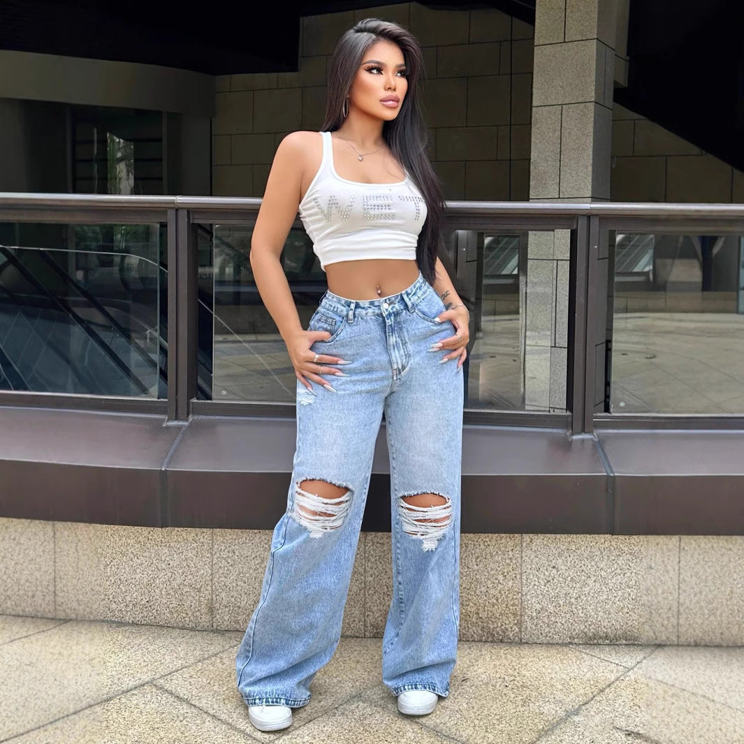 Ripped Loose Straight Wide Leg Jeans