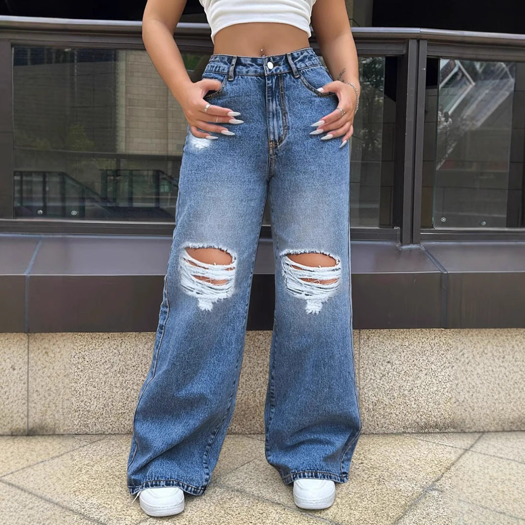 Ripped Loose Straight Wide Leg Jeans