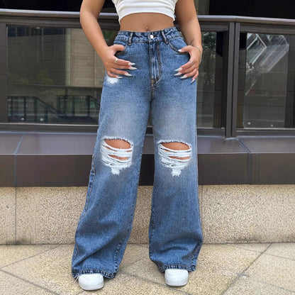 Ripped Loose Straight Wide Leg Jeans