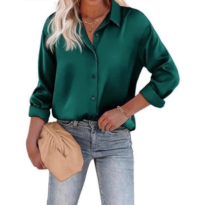 Women's Satin Top Long Sleeve Button Shirt