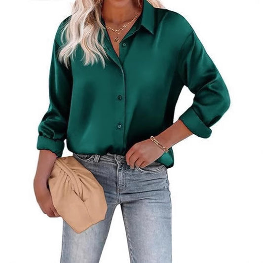 Women's Satin Top Long Sleeve Button Shirt