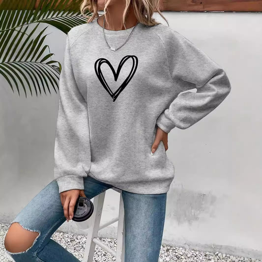 Heart Round Neck Long Sleeve Sweatshirt Tops