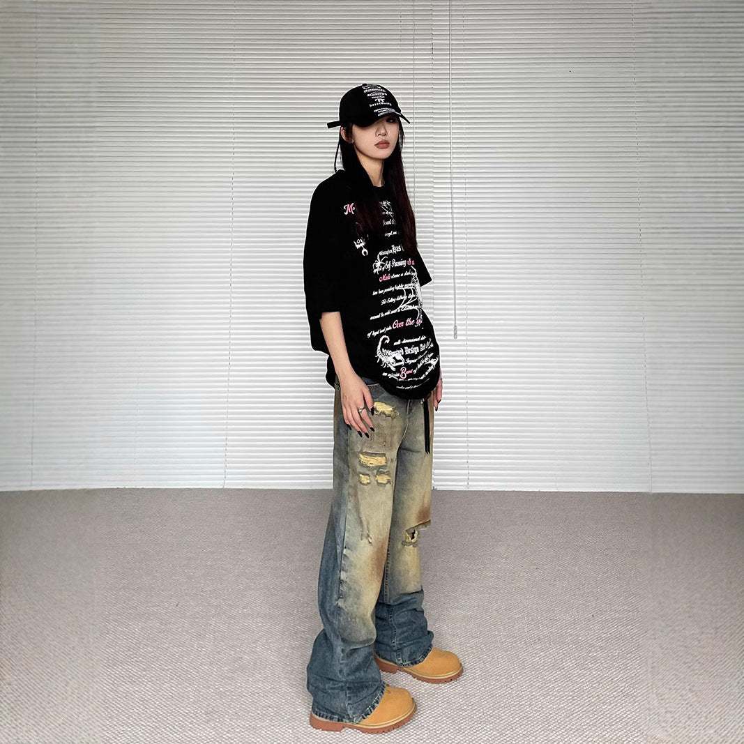 Old Ripped Jeans Loose Straight Wide Leg