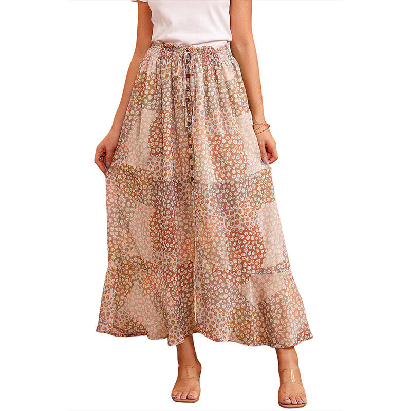 Bohemian Pleating Button Split High Waist Long Dress