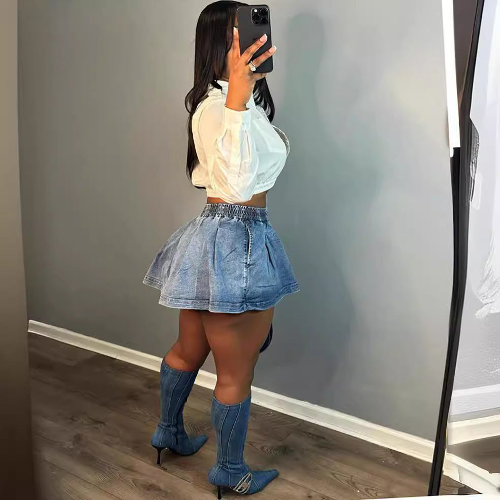 Ladie's High Waist Crimp Denim Skirt