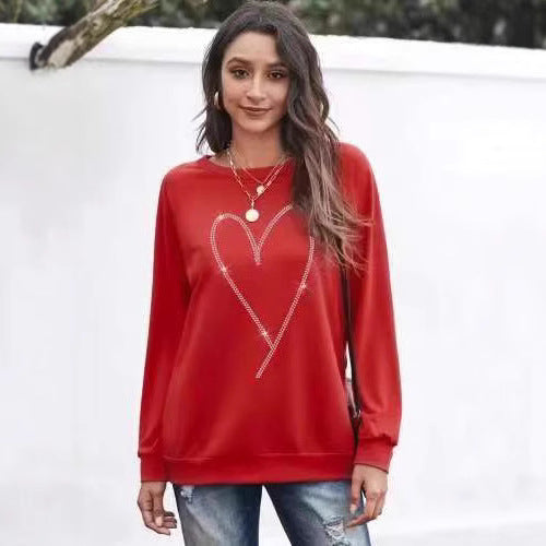 Ladie's Heart Printing Round Neck Long Sleeve Tops
