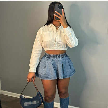 Ladie's High Waist Crimp Denim Skirt