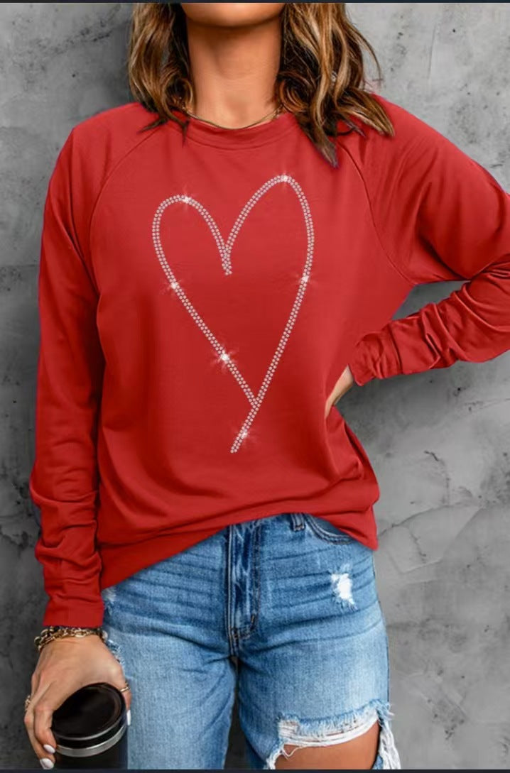 Ladie's Heart Printing Round Neck Long Sleeve Tops