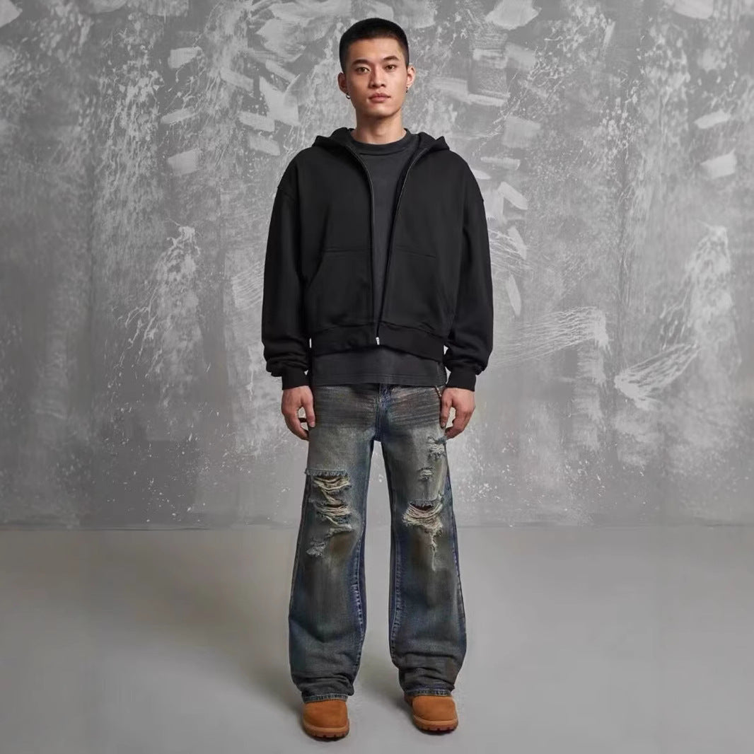 Men's Loose Straight Slim-fit Waste Soil Blue With Holes Jeans