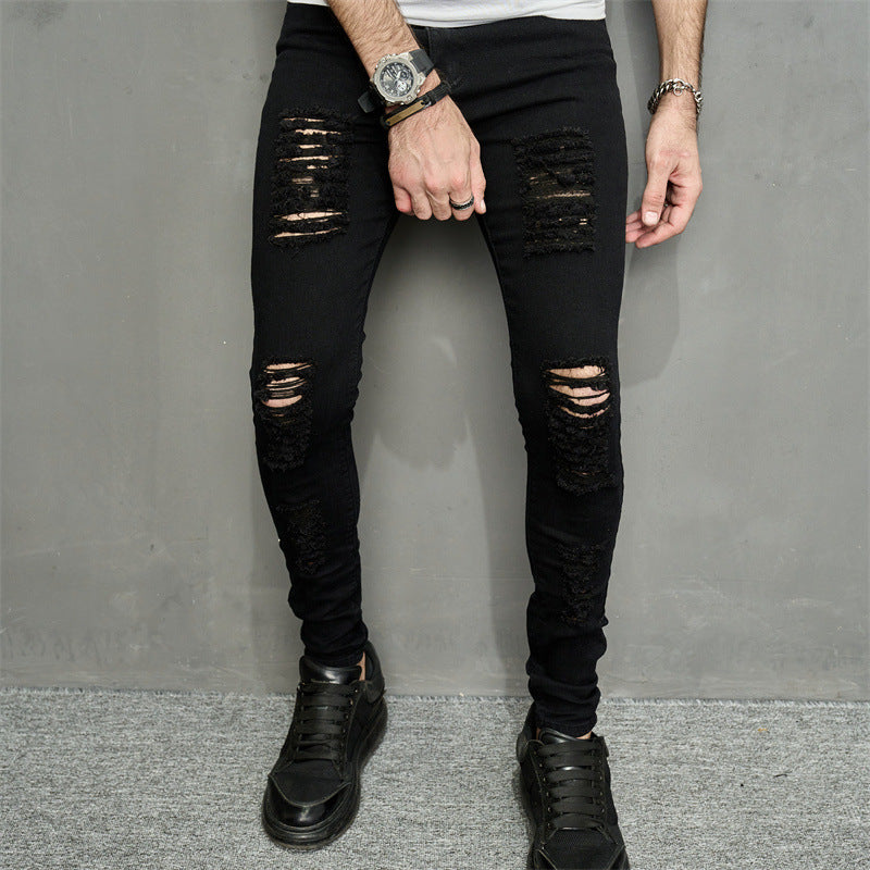 Skinny Men's Leisure Ripped Denim Feet Personality Trendy Jeans