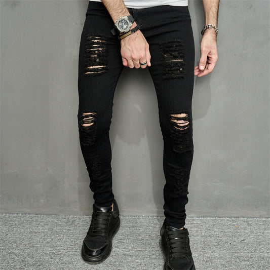 Skinny Men's Leisure Ripped Denim Feet Personality Trendy Jeans