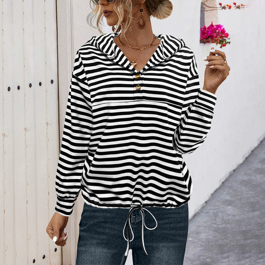 Elegant Women's Button Striped Hooded Sweater