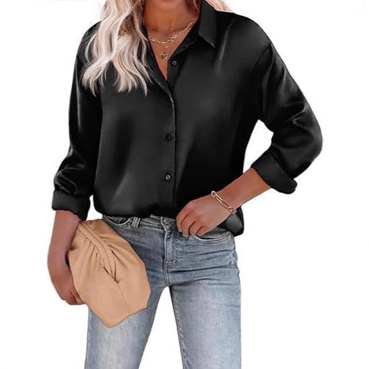 Women's Satin Top Long Sleeve Button Shirt