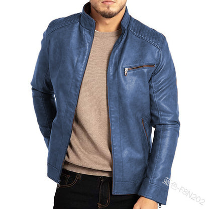 Men's Polyester Stand Collar Leather Jacket